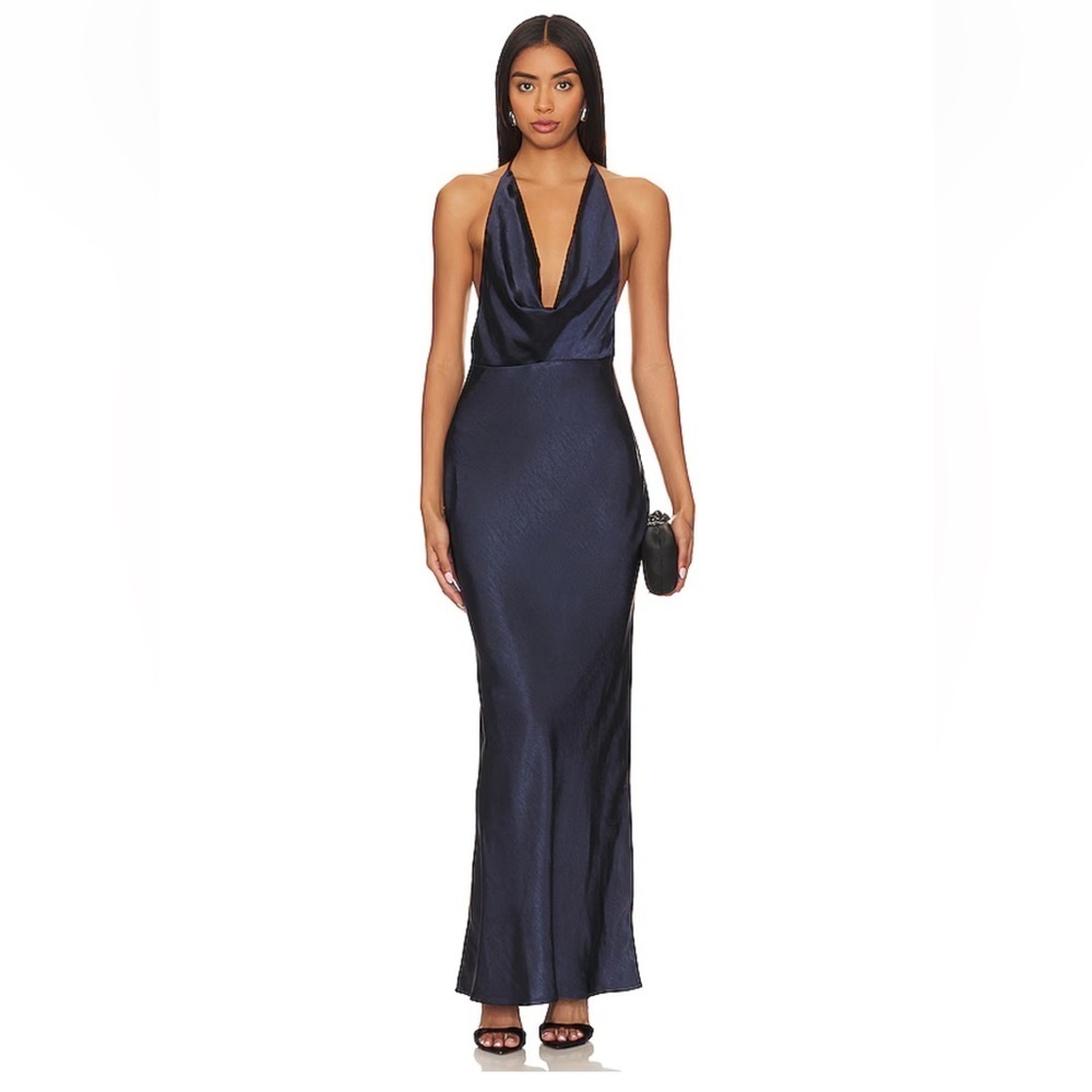Runaway The Label Posey Maxi Dress Navy Blue satin Halter maxi Revolve XL